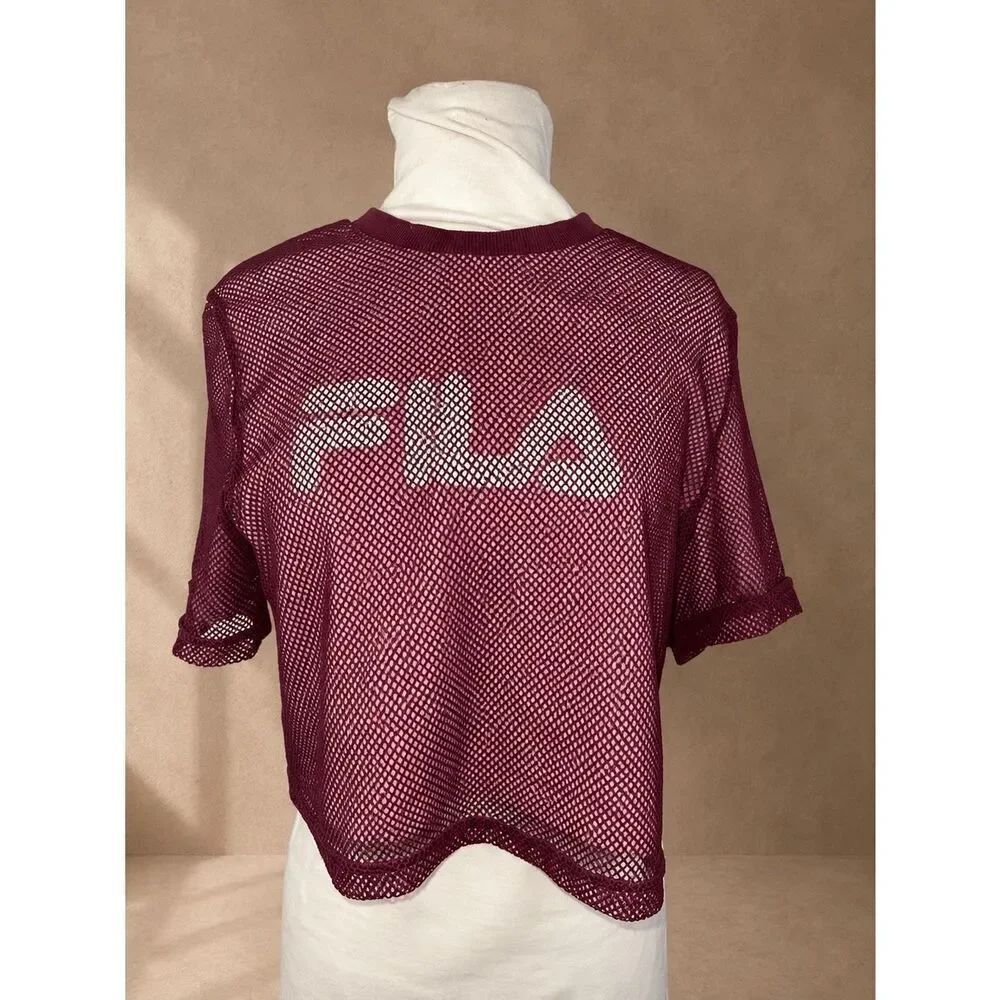 FILA Sz M Mesh Crop Tee Burgundy Athletic Fishnet Top Streetwear